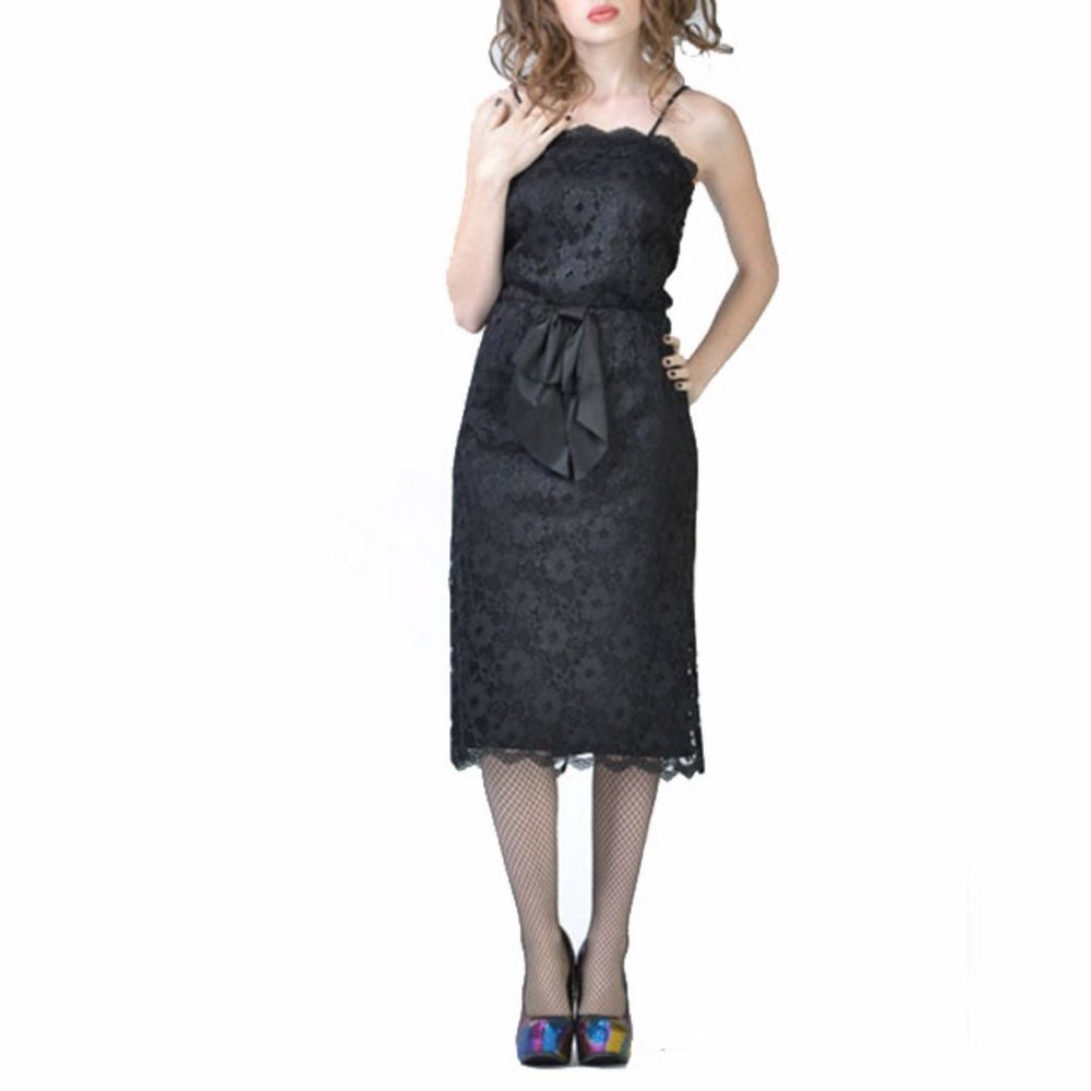 Vtg 80s Black Lace Cocktail Evening LBD Dress 9/10